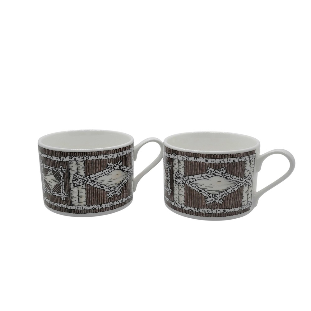 Oneida Vintage 1998 Birch Bark Log Cabin Coffee Mugs Set of 2 Brown White Korea